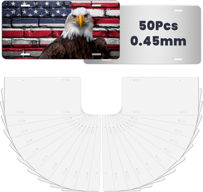 AceSubli 50 Pcs Sublimation License Plate Blanks for Heat Transfer Vinyl, Pesonalized Picture Metal Sublimation Blanks, Aluminum Car Front License Plate Tags for Automotive Men Women Gift 0.45mm Thick - Image 1
